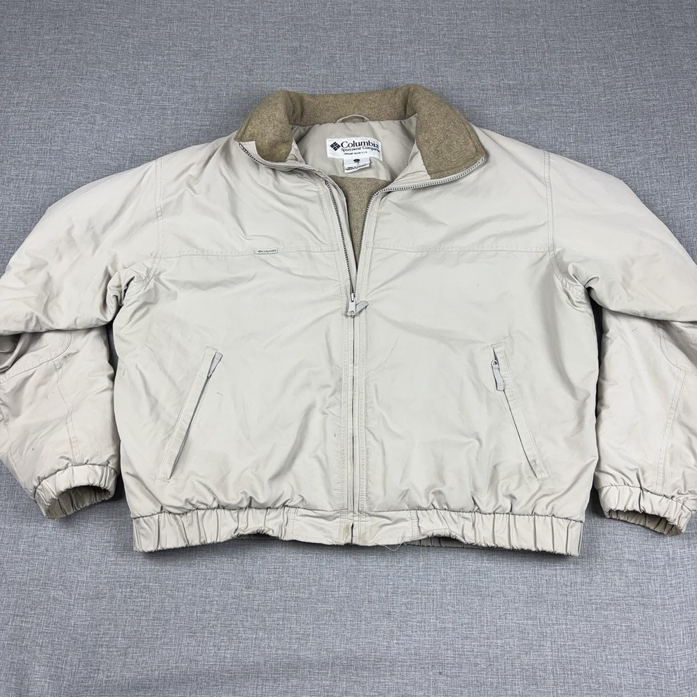 Vintage Columbia Sportswear Jacket Mens XL Beige Fleece Lined Nylon Bomber Y2K